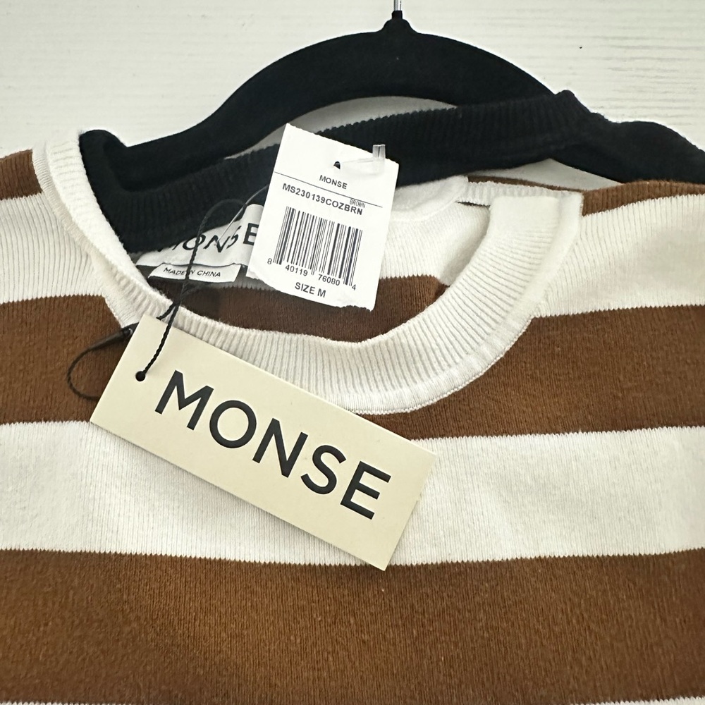 MONSE Brown and White Crewneck Striped Sweater